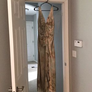Green and brown silky maxi with ruched back